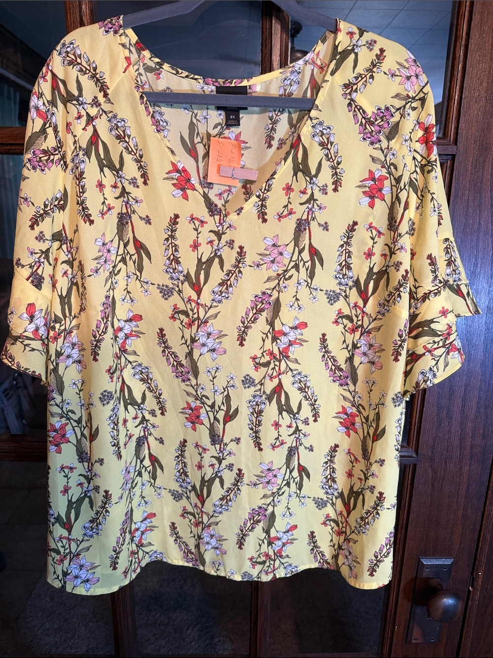 Worthington Woman Yellow Floral V-Neck Flutter‎ Sleeve Blouse Plus Size 2X